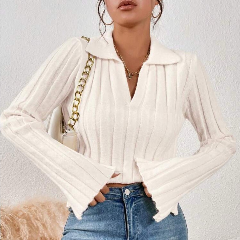 Elegant Cream Ribbed Women's Top